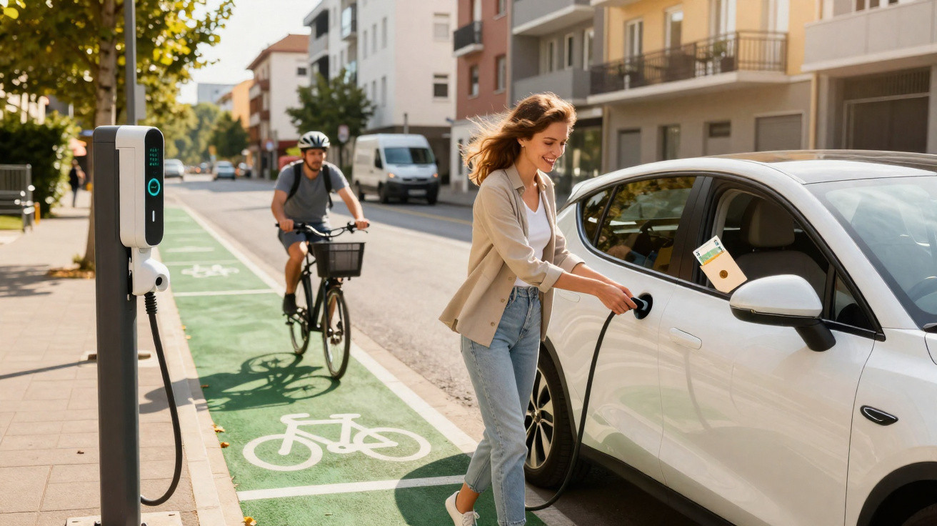 Mulher a carregar carro elétrico numa estação enquanto ciclista passa em ciclovia numa área urbana.