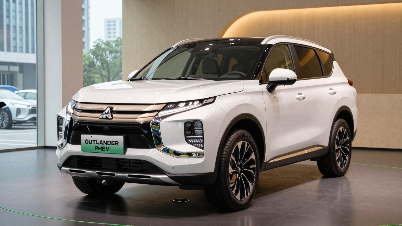 Carro Mitsubishi Outlander PHEV branco estacionado em sala de exposição moderna.
