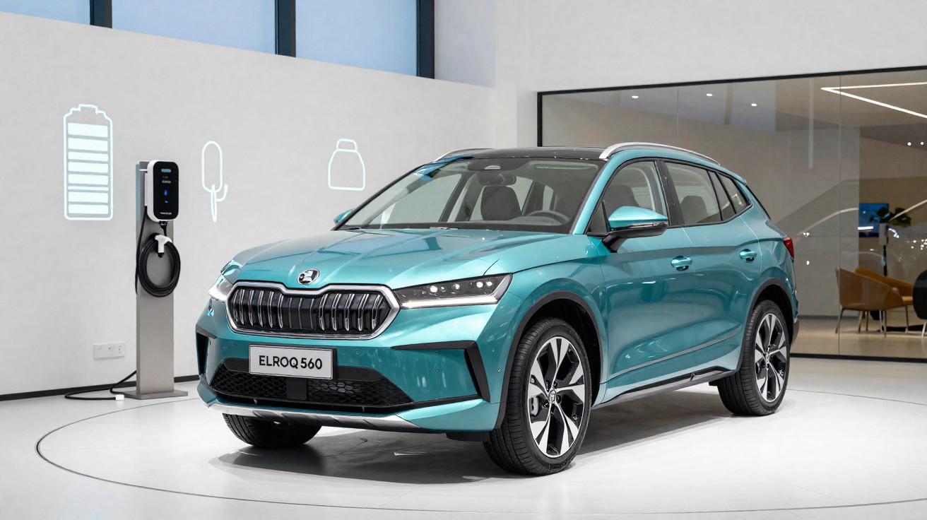 Carro elétrico Skoda Elroq 560 azul exibido em sala moderna com estação de carregamento ao lado.