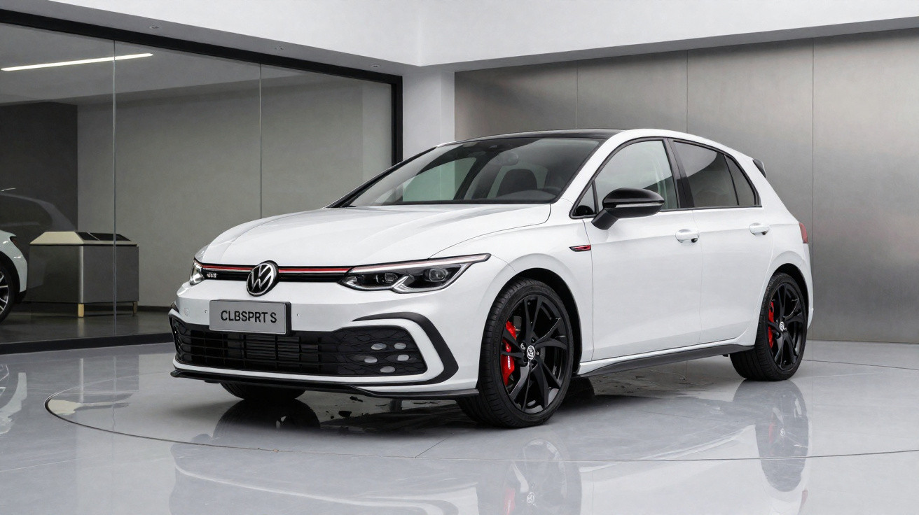 Carro Volkswagen Golf branco estacionado em espaço interior moderno com jantes pretas e travões vermelhos.