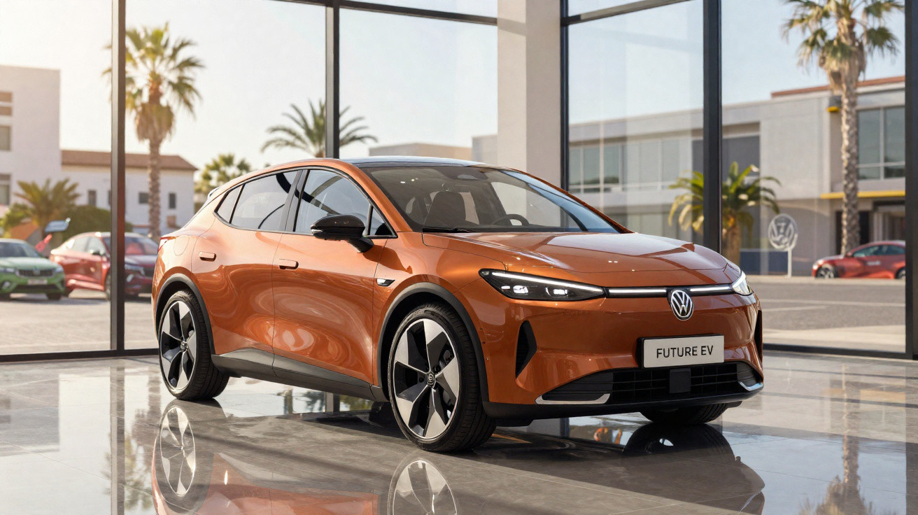 Carro elétrico Volkswagen laranja, modelo futurista, em showroom com grandes janelas e reflexos no chão.
