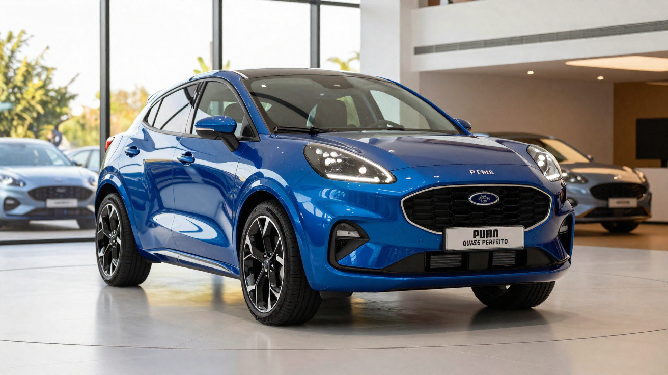 Carro azul Ford Puma exibido em stand automóvel moderno com jantes pretas e luzes LED acesas.