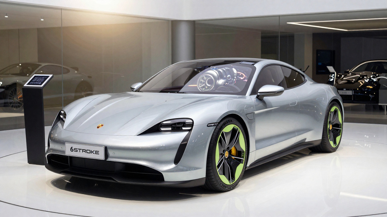 Carro desportivo eléctrico cinzento com detalhes verdes e jantes futuristas, em exposição numa sala moderna.
