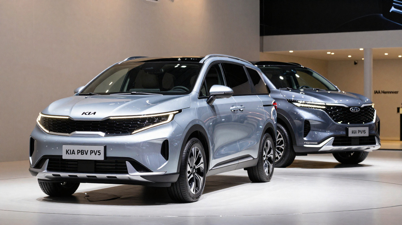 Dois carros Kia PBV PV5 cinzentos exibidos num salão automóvel moderno.