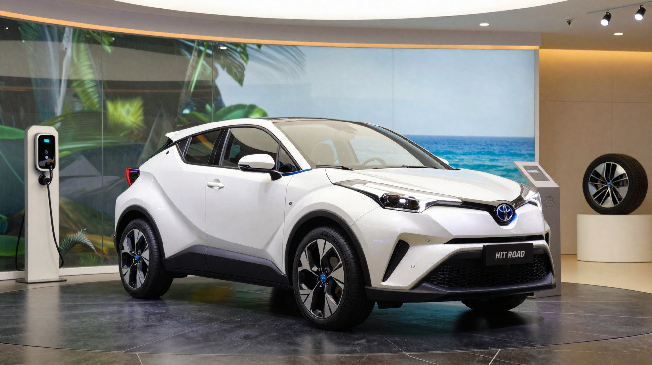 Carro elétrico Toyota branco exposto em showroom, com estação de carregamento e pneu sobresselente ao fundo.