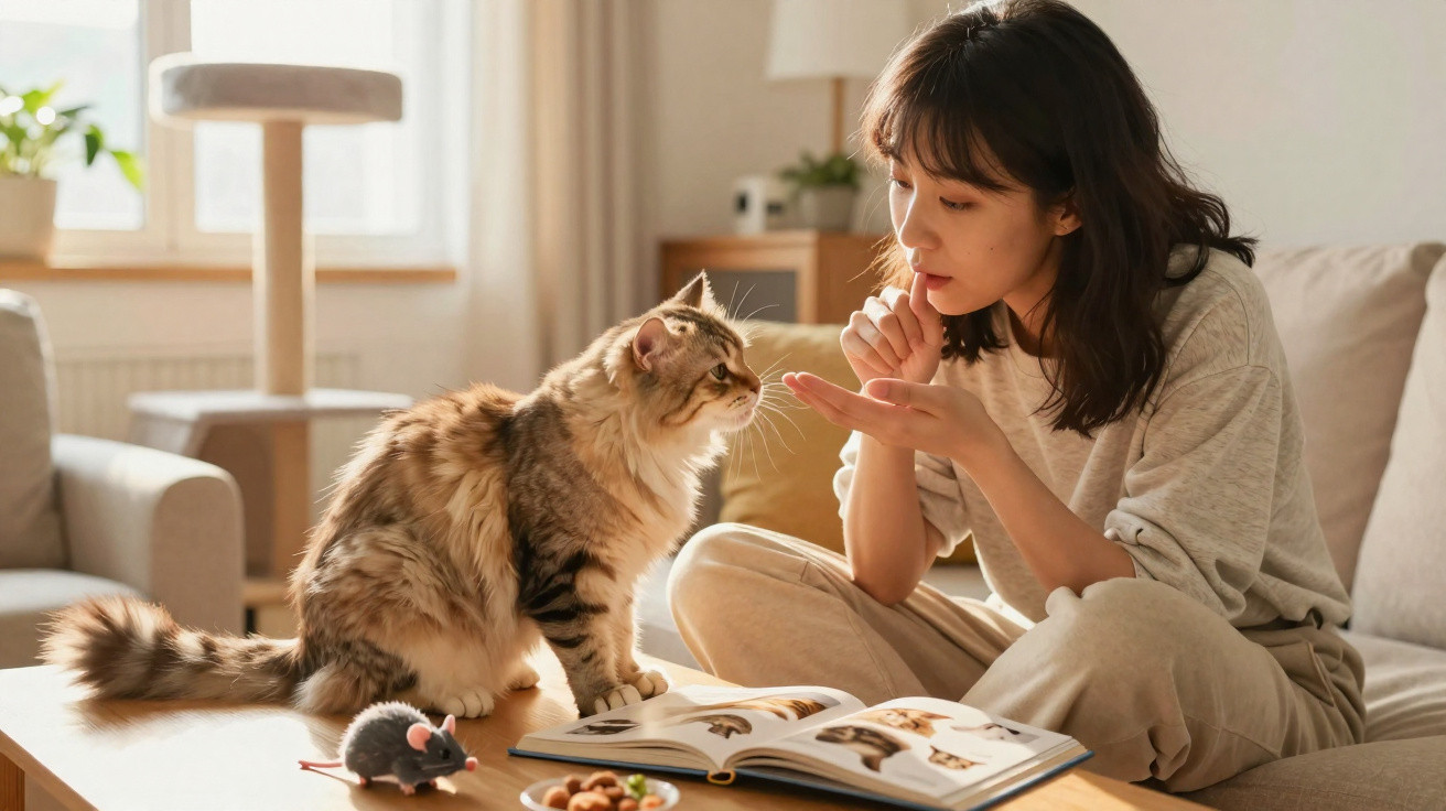 Mulher sentada no sofá a olhar para gato no sofá com livro aberto e brinquedo na mesa em sala iluminada.