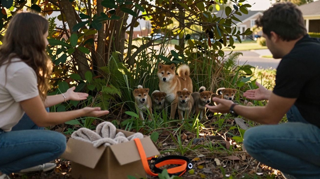 Dois jovens sentados na relva estendem as mãos para cinco cachorros e uma cadela Shiba Inu entre plantas.