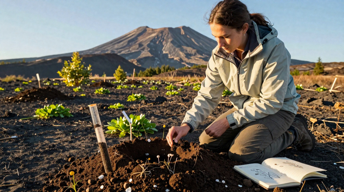 Mulher a analisar plantas no solo com montanha ao fundo em ambiente natural ao amanhecer.