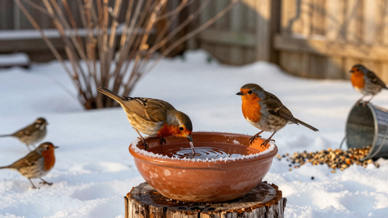 Pássaros com peito vermelho a beber água numa taça no gelo da neve, sobre um tronco.