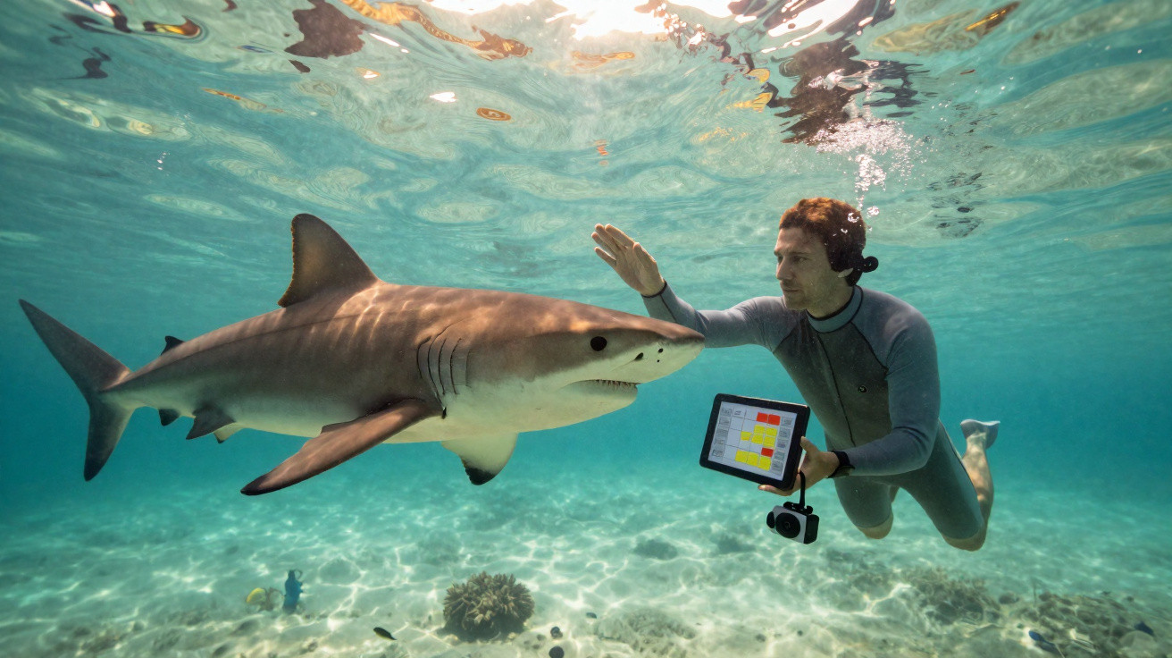 Mergulhador em fato de neoprene com tablet interage com um tubarão-tigre debaixo de água transparente.