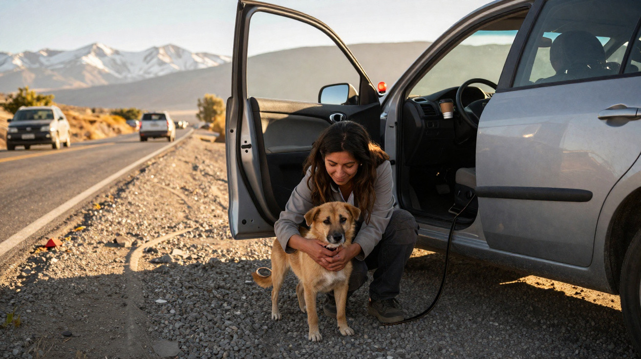 Mulher abraça cão ao lado do carro estacionado numa estrada com montanhas ao fundo.