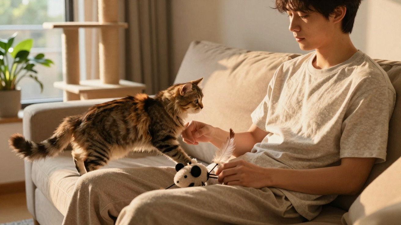 Homem sentado no sofá a brincar com gato usando brinquedo com pena e rato de pelúcia.