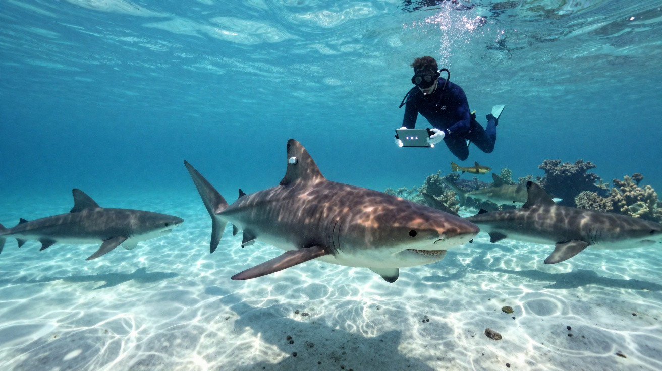 Mergulhador equipado filmando três tubarões nadando junto ao fundo do mar com coral.