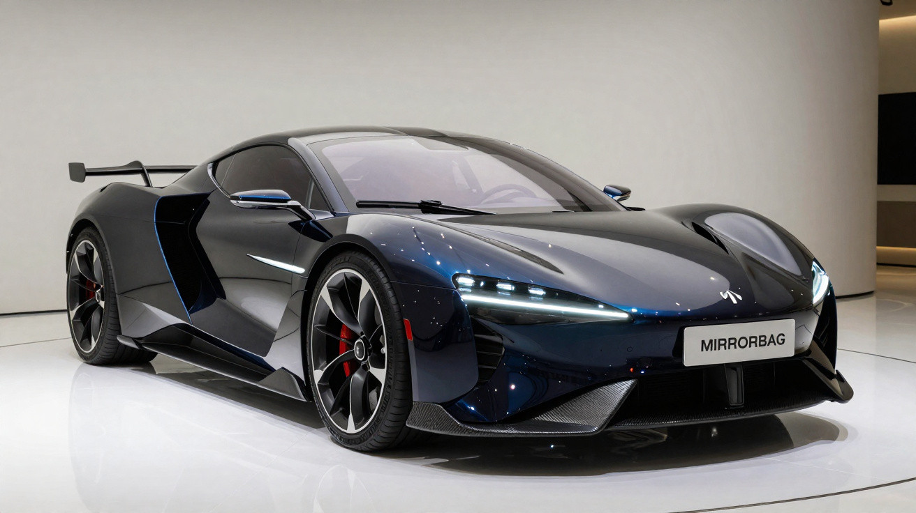 Carro desportivo azul escuro futurista com faróis LED e design aerodinâmico exposto em ambiente branco minimalista.