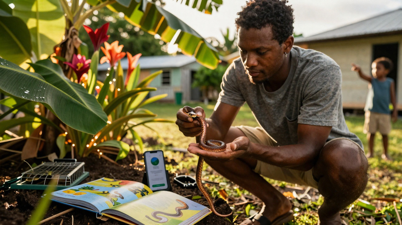 Homem agacha-se no jardim a segurar uma cobra, com livro e telemóvel no chão ao seu lado.