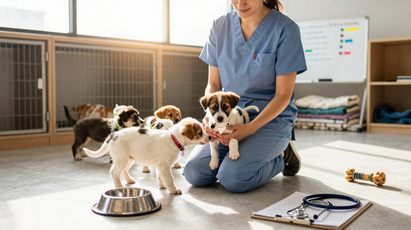 Veterinária de uniforme azul a brincar com cachorros dentro de clínica veterinária iluminada.