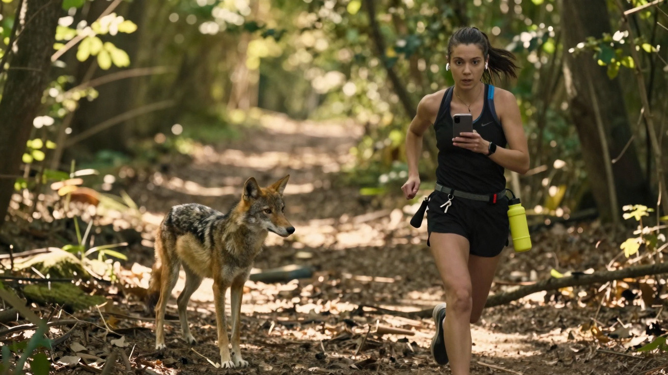 Mulher a correr numa trilha na floresta ao lado de um lobo atento.