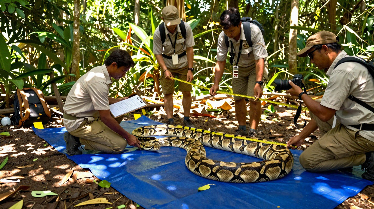 Quatro investigadores medem uma grande píton sobre um tapete azul numa floresta densa.