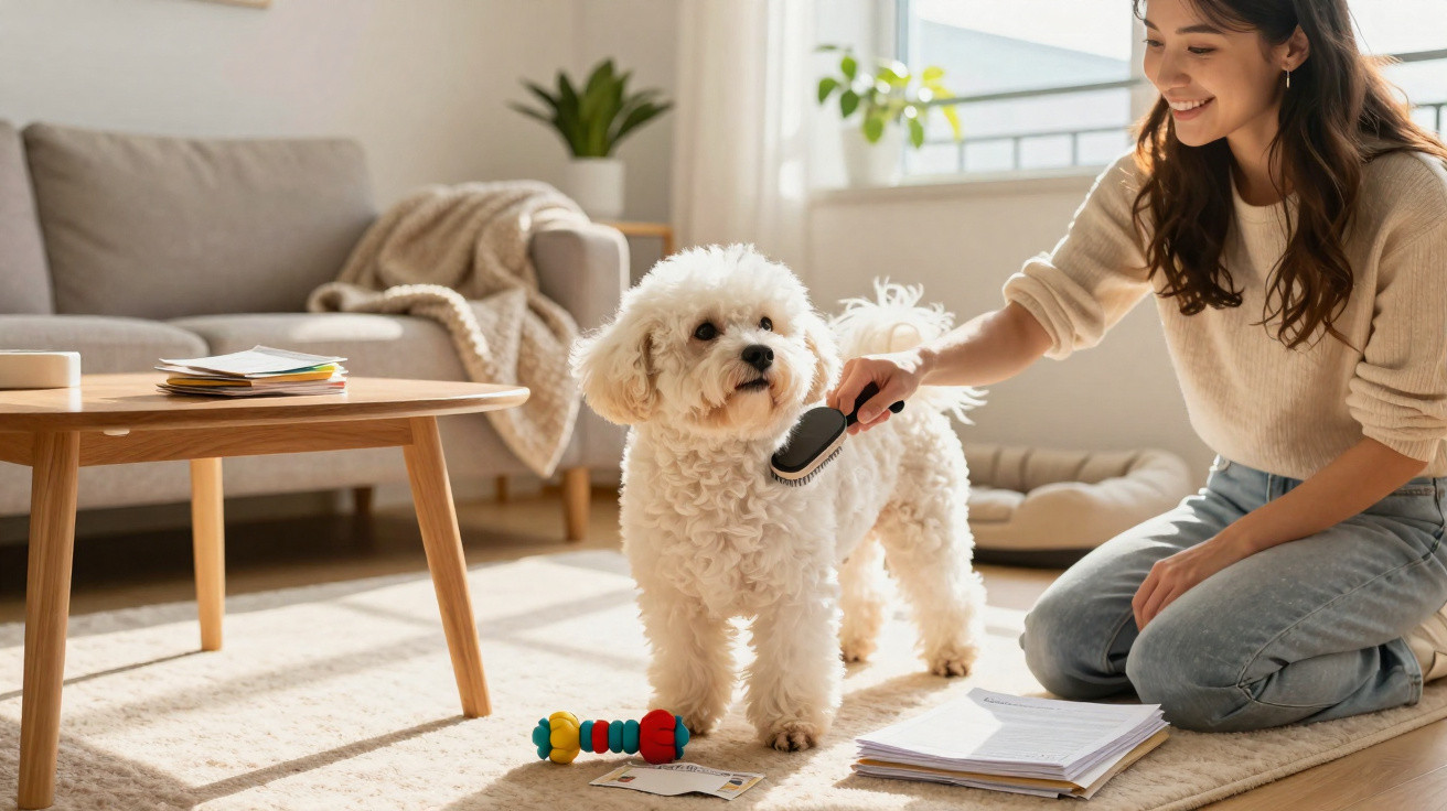 Mulher penteia cão branco num ambiente luminoso e acolhedor com brinquedo e documentos no chão.
