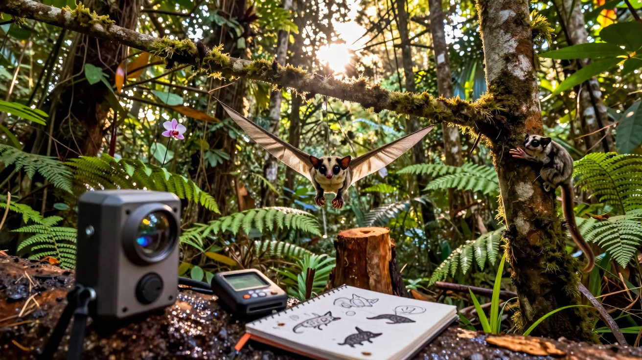 Floresta com dois gambás, caderno com desenhos de animais, e equipamento de vigilância instalado.