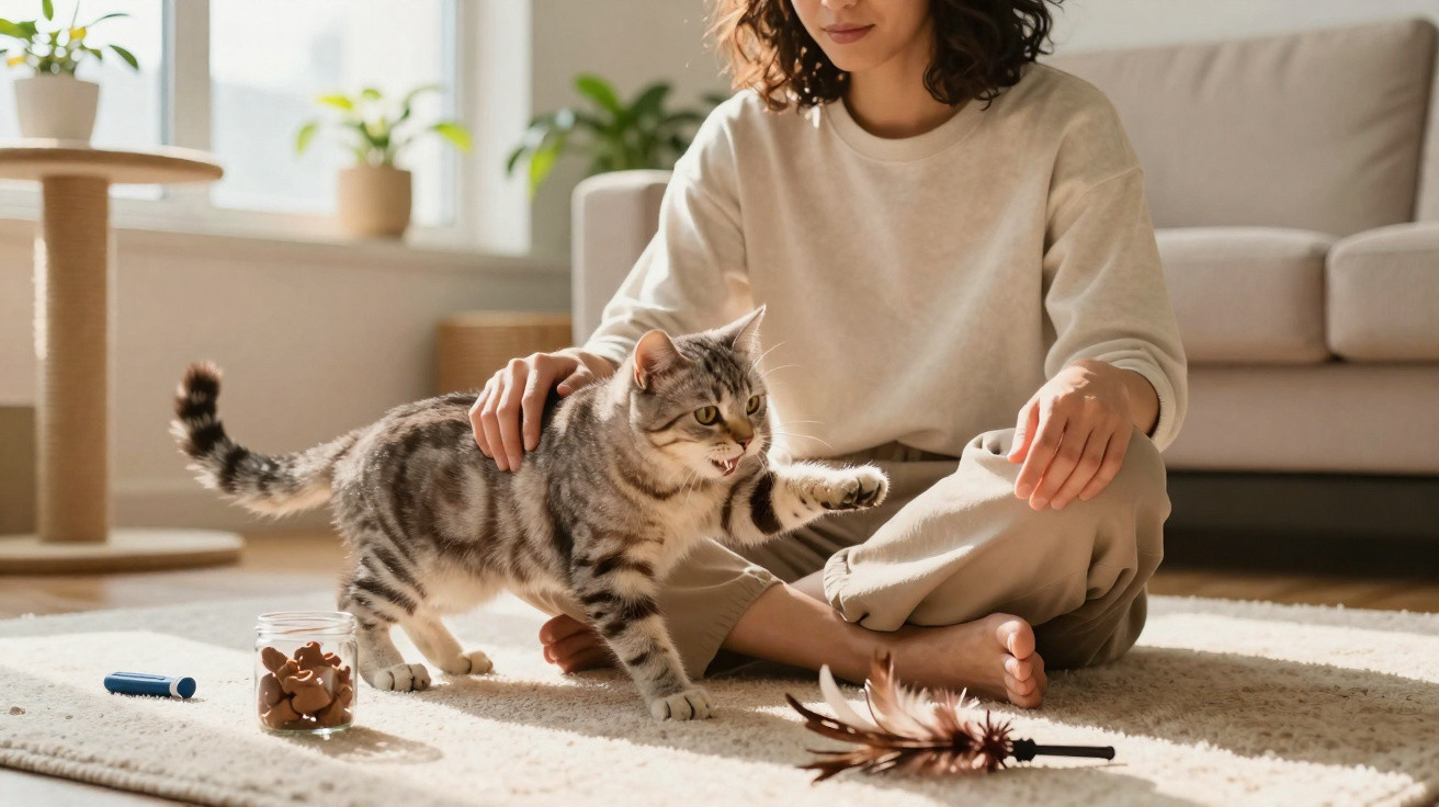 Mulher sentada no chão a brincar com gato cinzento perto de arranhador e brinquedos numa sala iluminada.