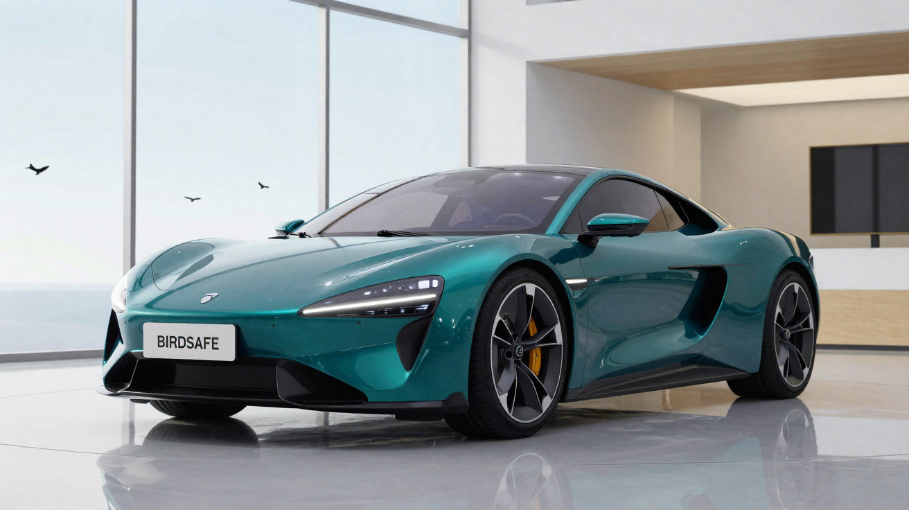 Carro desportivo verde metálico brilhante numa garagem moderna com janelas panorâmicas e luz natural.