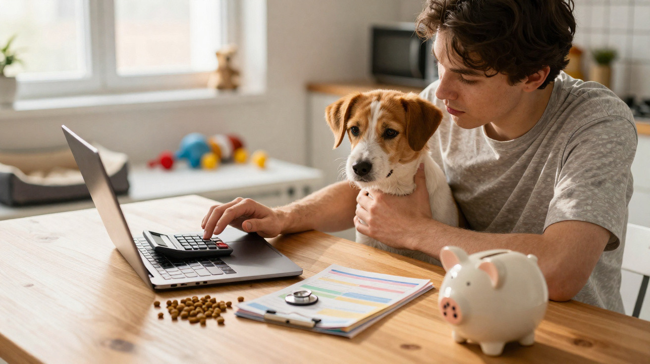 Jovem a usar calculadora num portátil enquanto segura um cão junto a mesa com cofrinho e documentos.