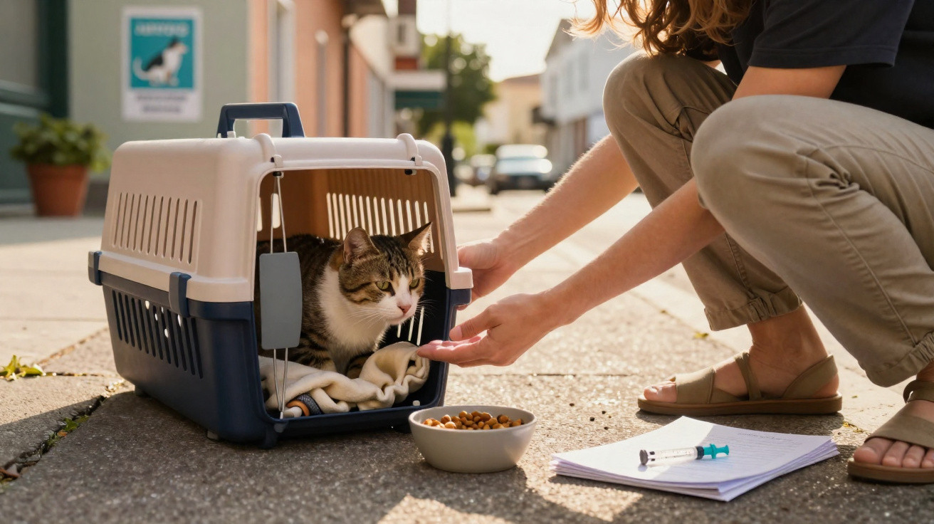 Gato dentro de transportadora com alimento e seringa no chão, sendo acariciado por uma pessoa na rua.