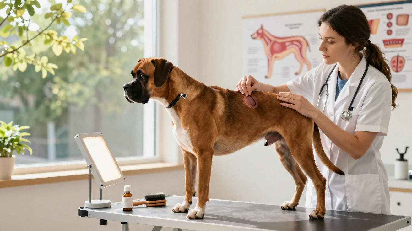 Veterinária a escovar cão Boxer castanho numa clínica com pôster anatómico ao fundo.