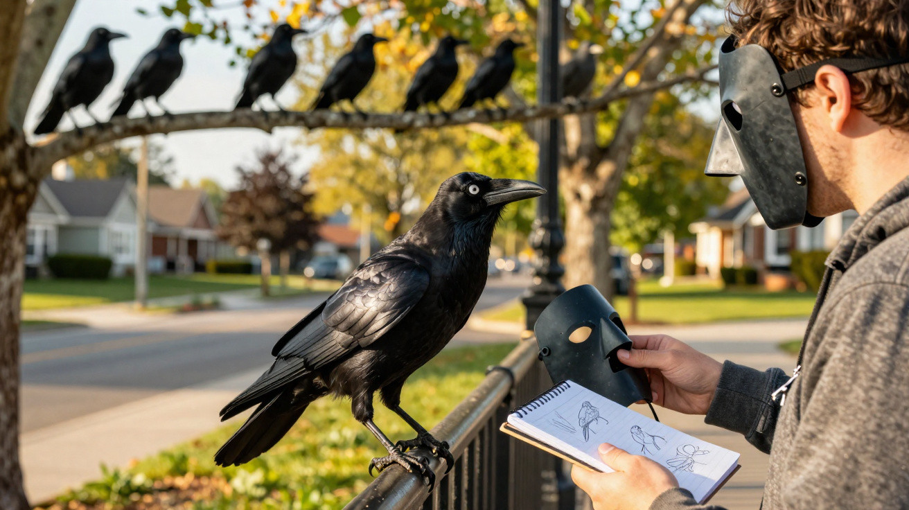 Homem com máscara a desenhar um corvo numa caderneta, com várias aves pretas empoleiradas numa rua residencial.