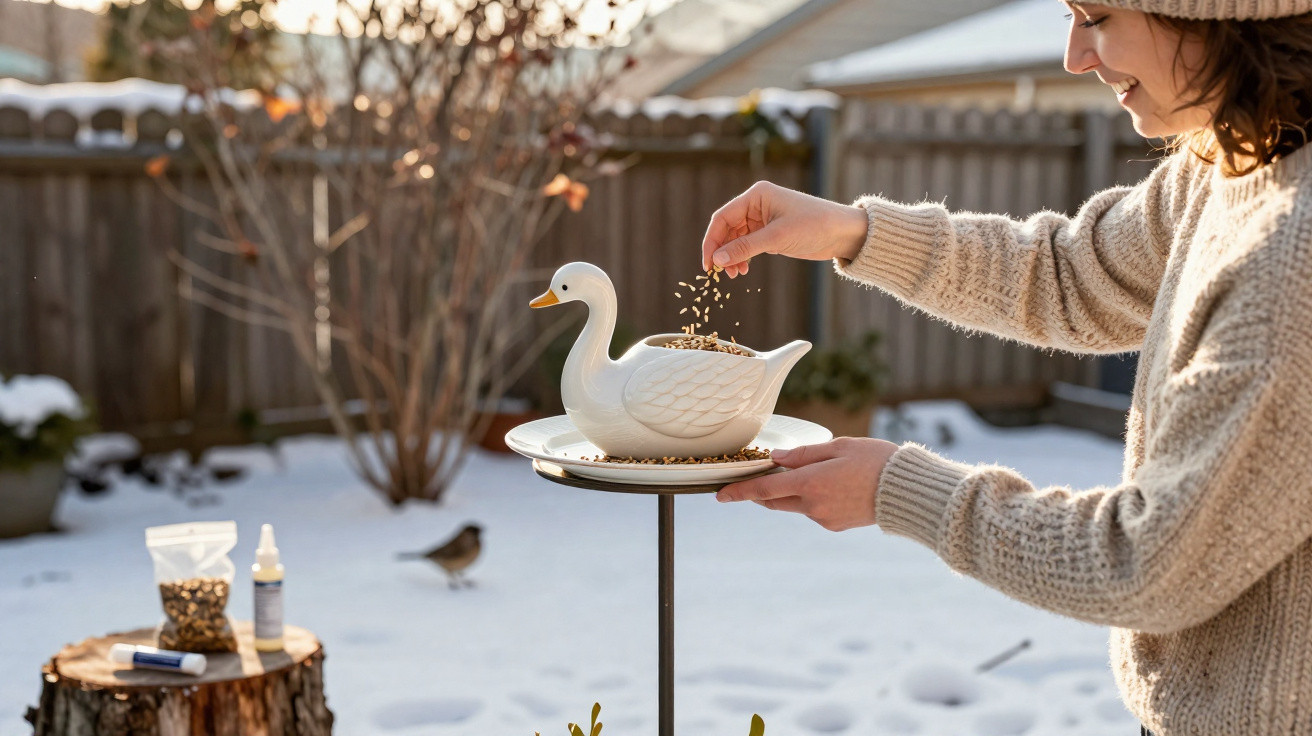 Pessoa a alimentar pássaros com sementes em comedouro de pato num jardim com neve.