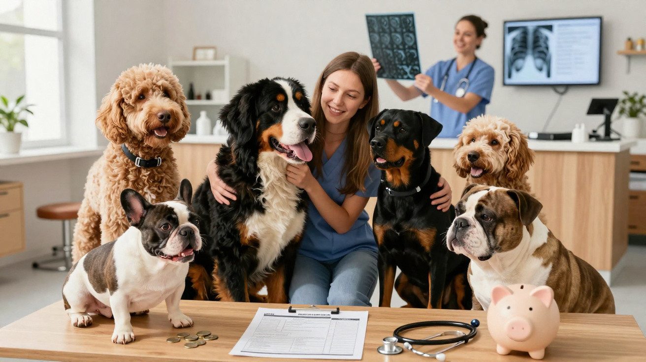 Veterinárias com seis cães sentados e tabela médica numa clínica luminosa e acolhedora.