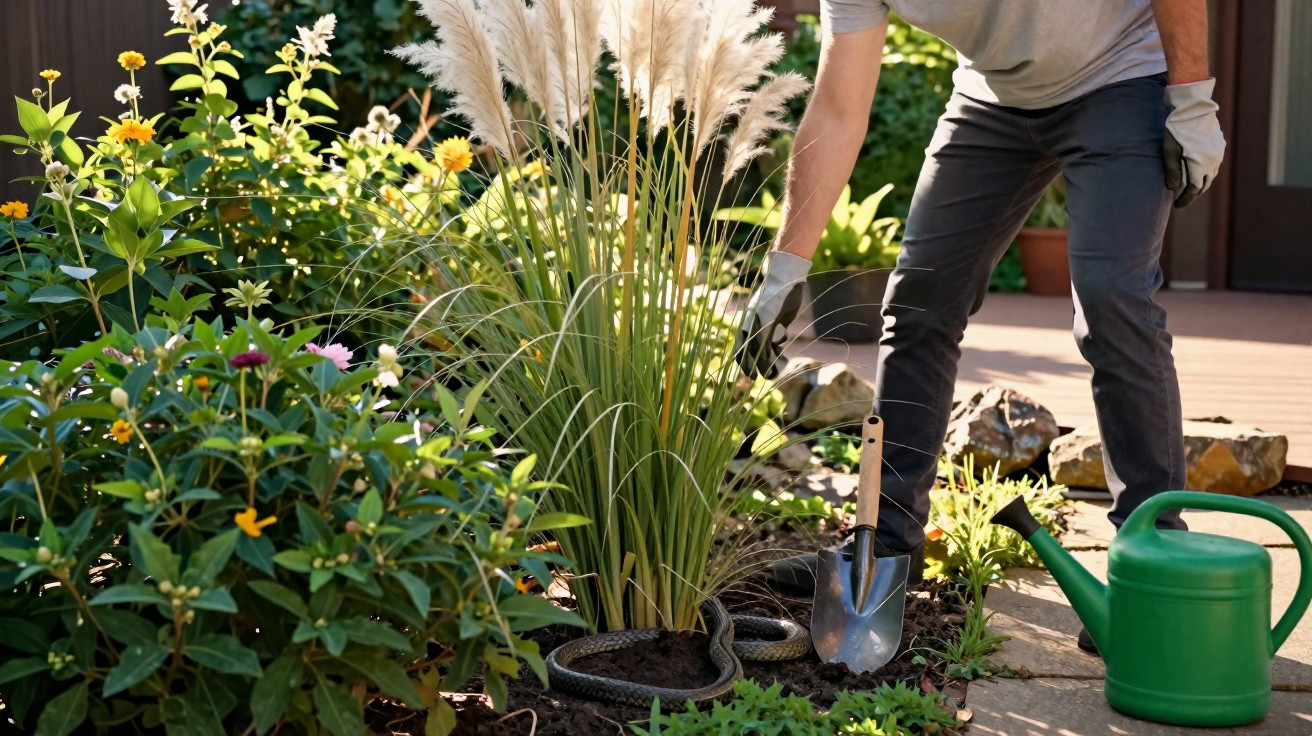 Pessoa a cuidar de plantas num jardim com regador verde e pá junto a uma serpente no chão.