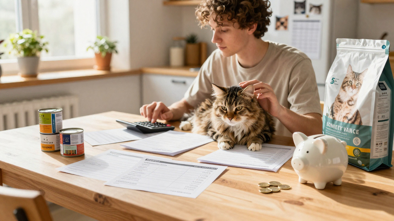 Pessoa a calcular despesas com a ajuda de gato, perto de ração, moedas e mealheiro em cozinha iluminada.