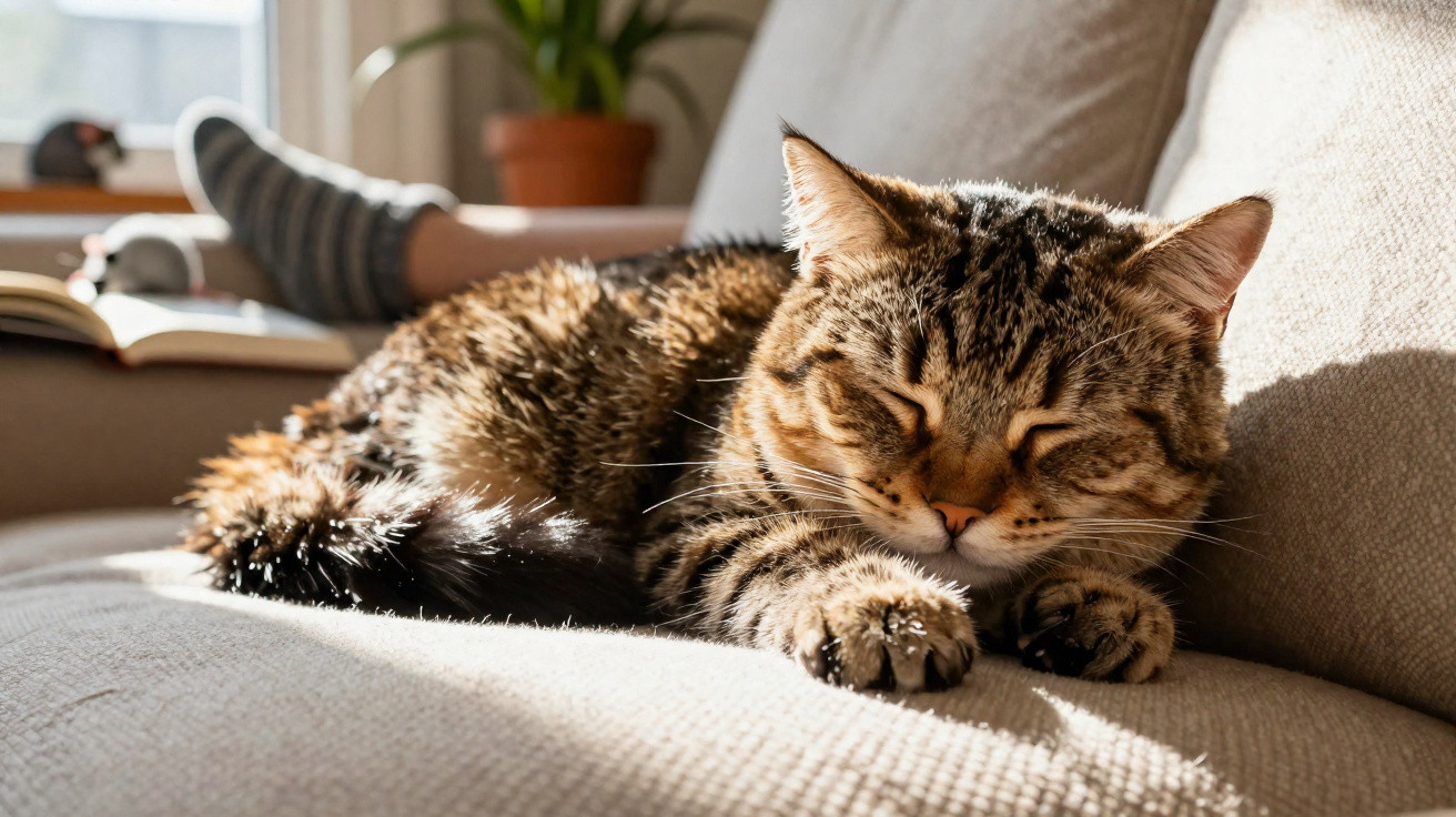 Gato tigrado a dormir no sofá com luz do sol a incidir, ao fundo pessoa deitada com meias às riscas.