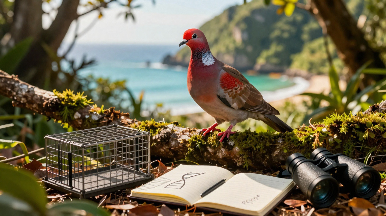 Pomba colorida pousada em ramo com caderno, caixa, binóculos e paisagem costeira ao fundo.