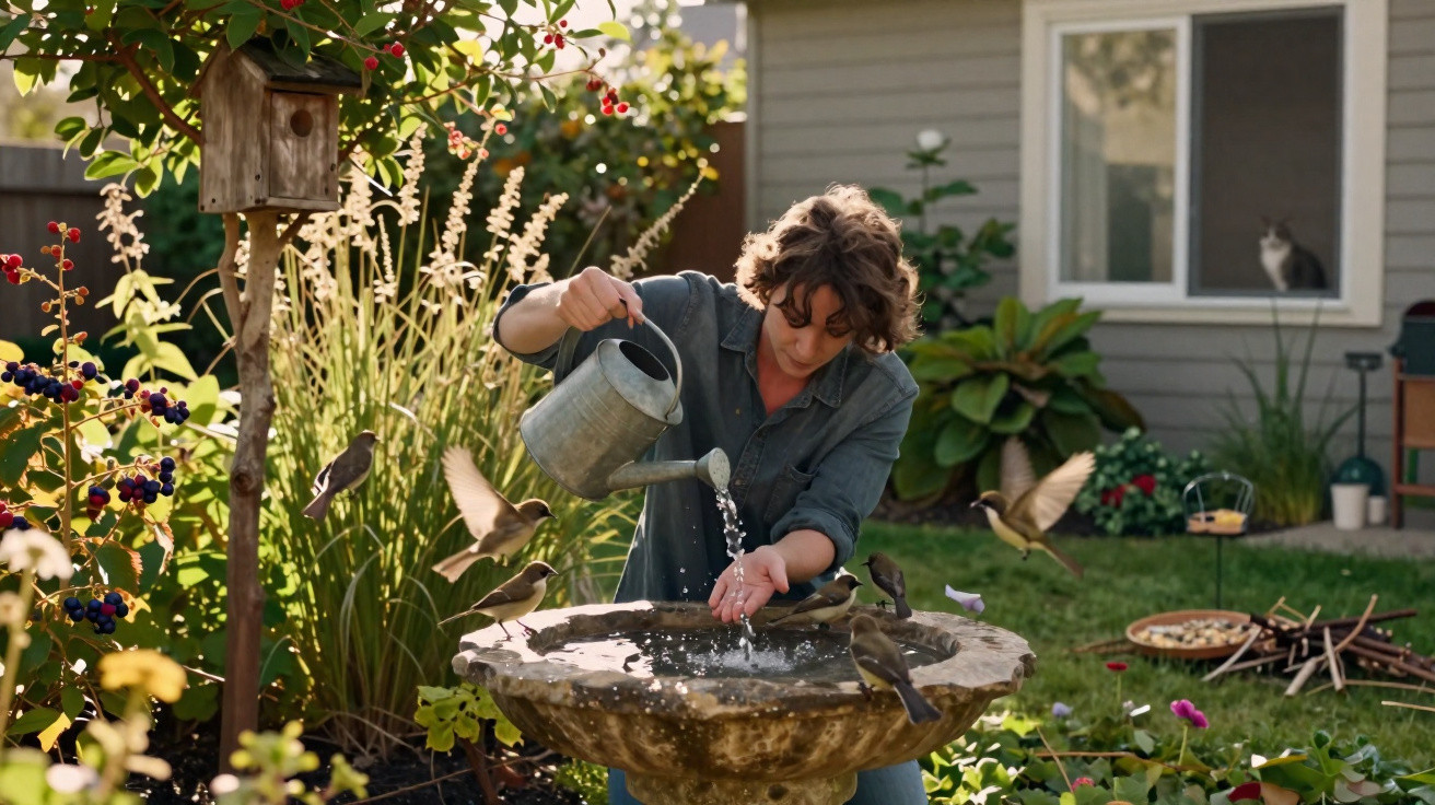 Pessoa a deitar água num bebedouro para pássaros num jardim com várias aves e vegetação.