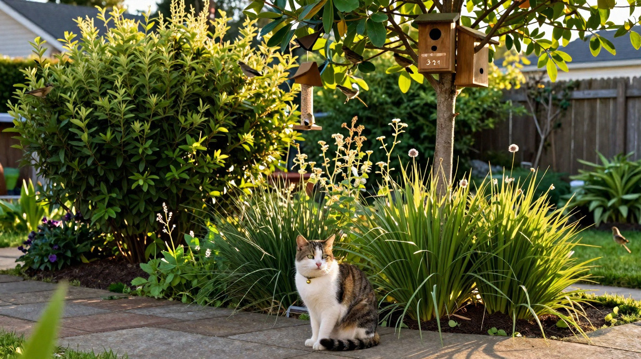 Gato tricolor sentado num jardim com relva alta, arbustos, comedouros e casinha para pássaros ao pôr-do-sol.