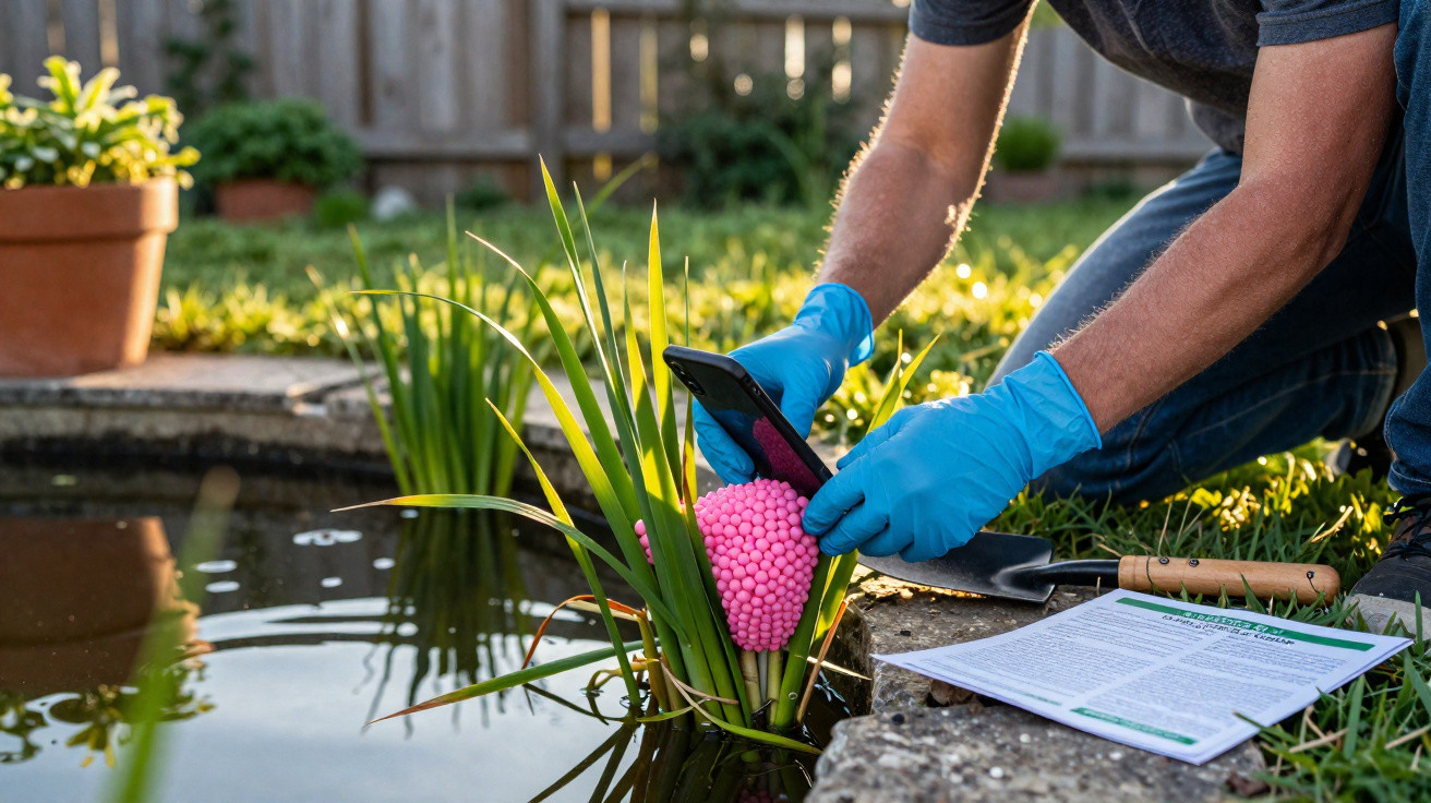 Pessoa com luvas azuis a inspecionar ovos rosa-de-rosa numa planta à beira de um lago artificial.