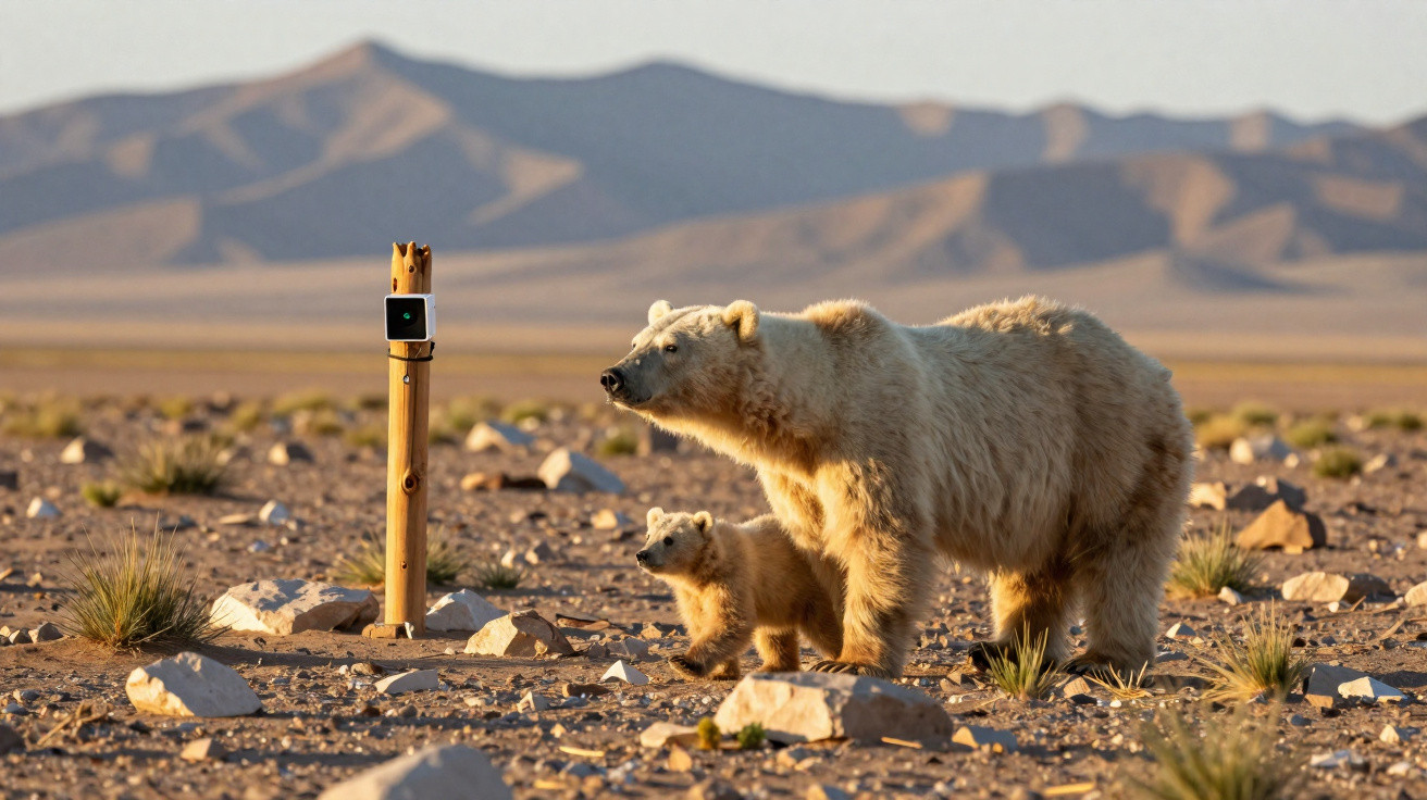 Ursa e cria num terreno árido com pedras e montanhas ao fundo ao pôr do sol.
