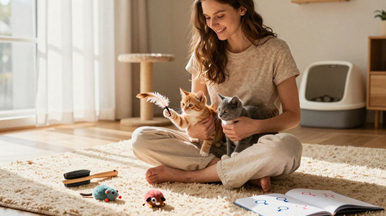 Mulher sentada no chão a brincar com dois gatos, rodeada de brinquedos e com um livro aberto ao lado.