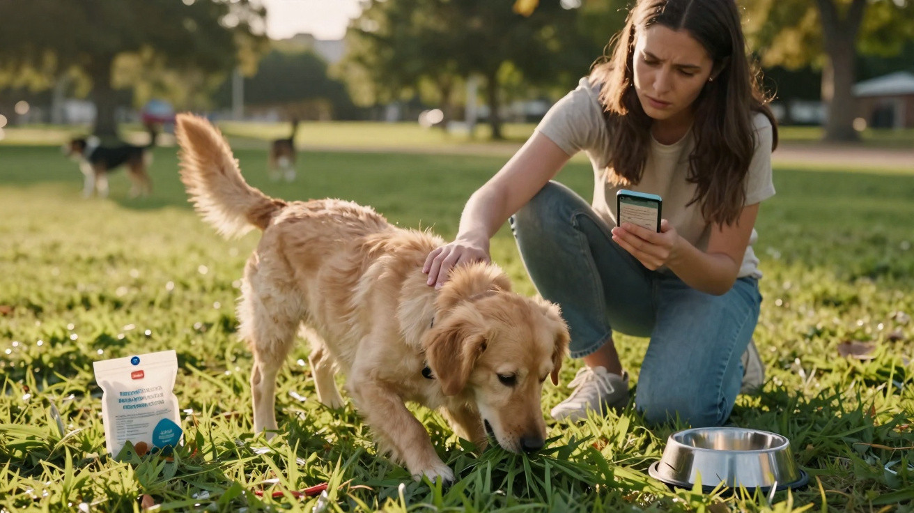 Mulher sentada na relva acariciando um cão enquanto segura um telemóvel junto a tigela de água no parque.