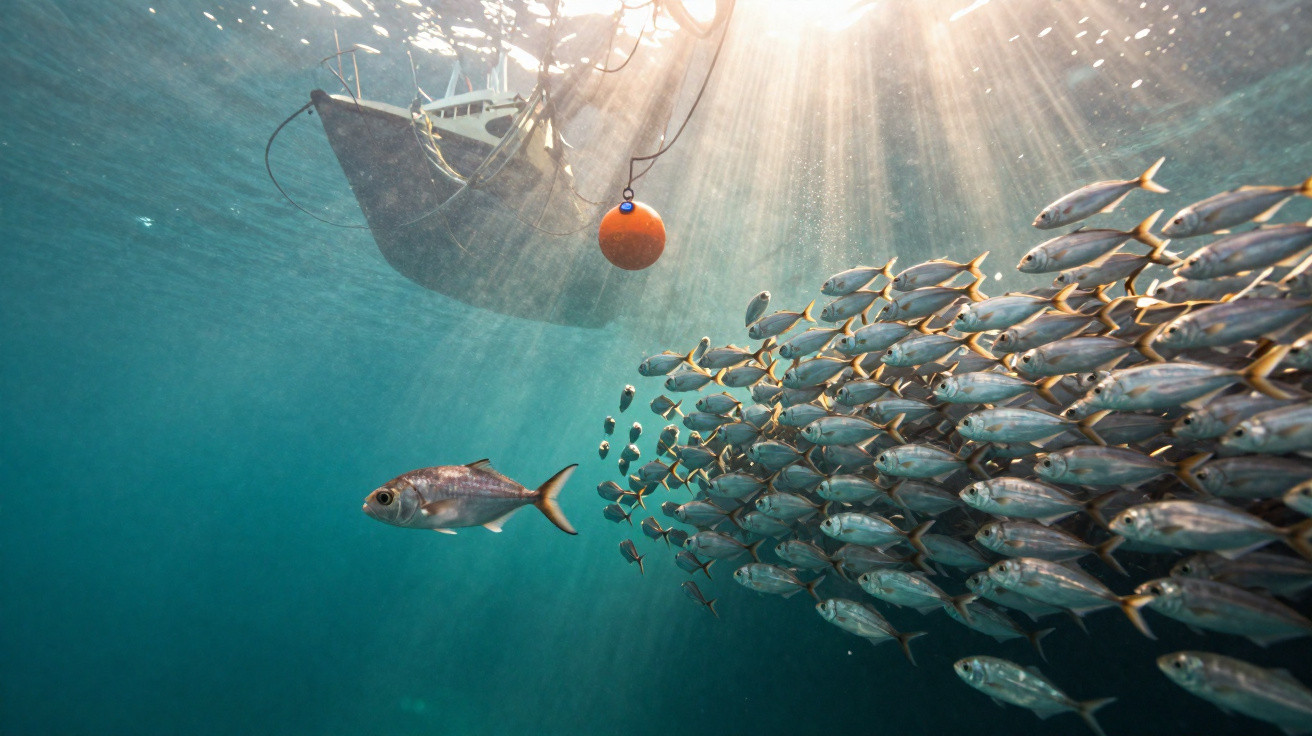 Belo cardume de peixes nadando perto de um barco à superfície do mar com raios de sol a penetrar na água.