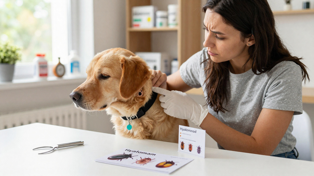 Veterinária examina a orelha de cão golden retriever para detetar ácaros numa clínica veterinária.