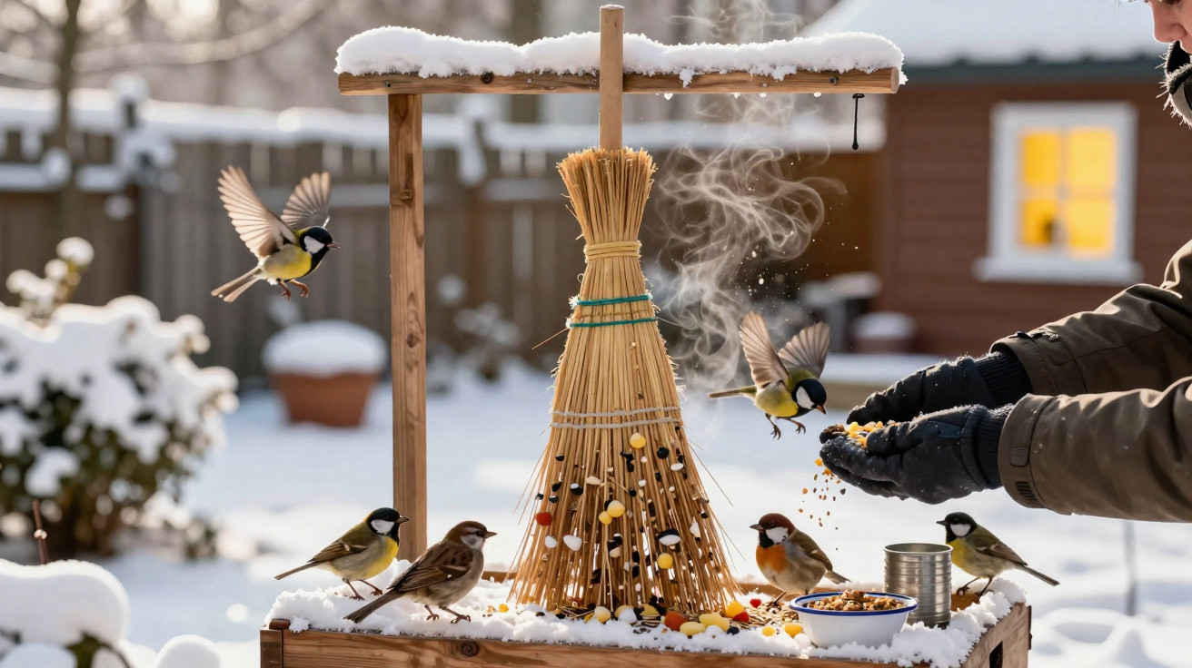 Pássaros no alimentador de aves com neve ao redor enquanto uma pessoa de luvas os alimenta no inverno.