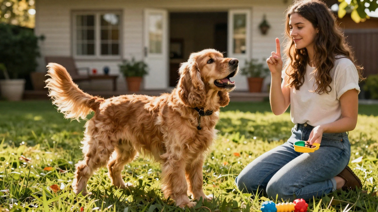 Jovem mulher a treinar um cão golden retriever no jardim de casa em dia soalheiro.
