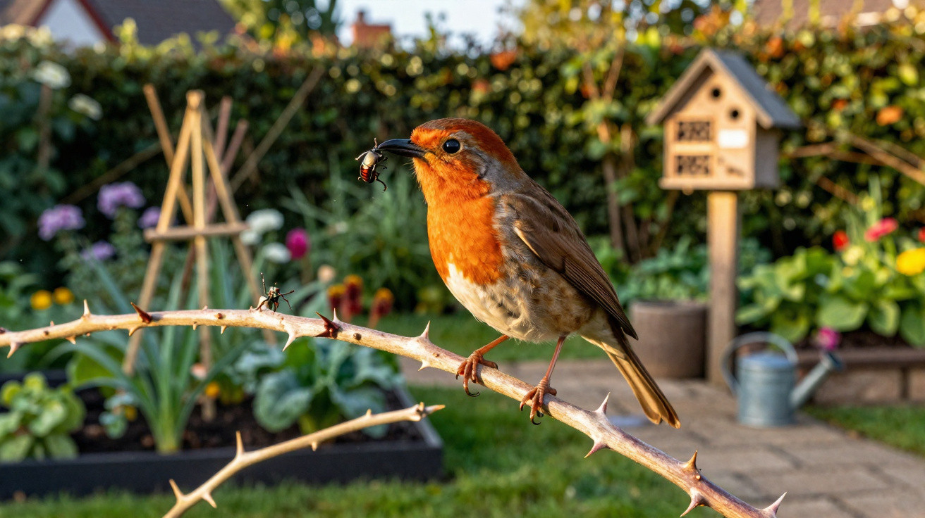 Pássaro com peito e cabeça laranja pousado num ramo espinhento com inseto no bico, jardim desfocado ao fundo.