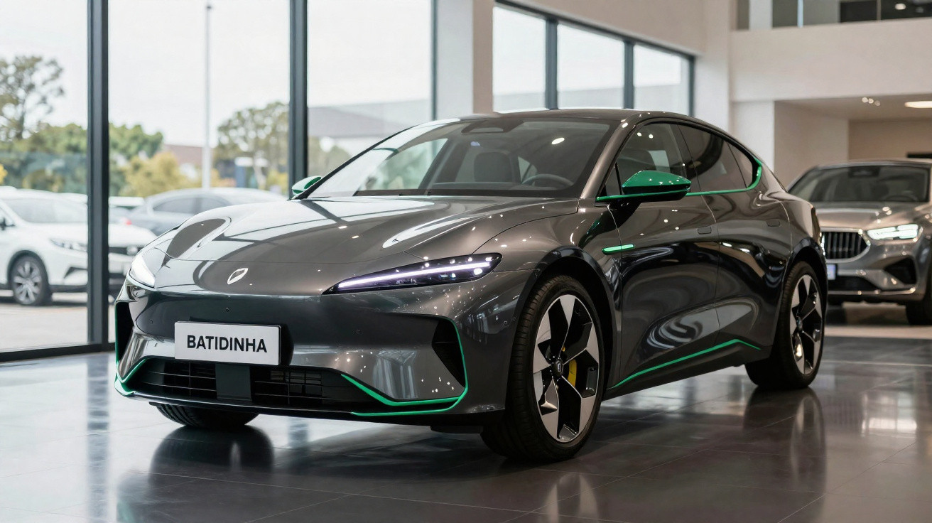 Carro elétrico cinza com detalhes verdes exposto numa sala de exposição moderna com janelas grandes.