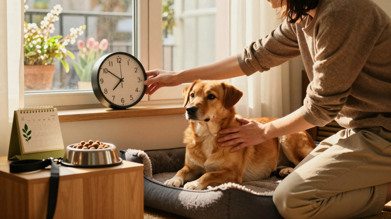 Pessoa a ajustar um relógio perto de cão sentado na cama, junto a comedouro e calendário numa sala iluminada.