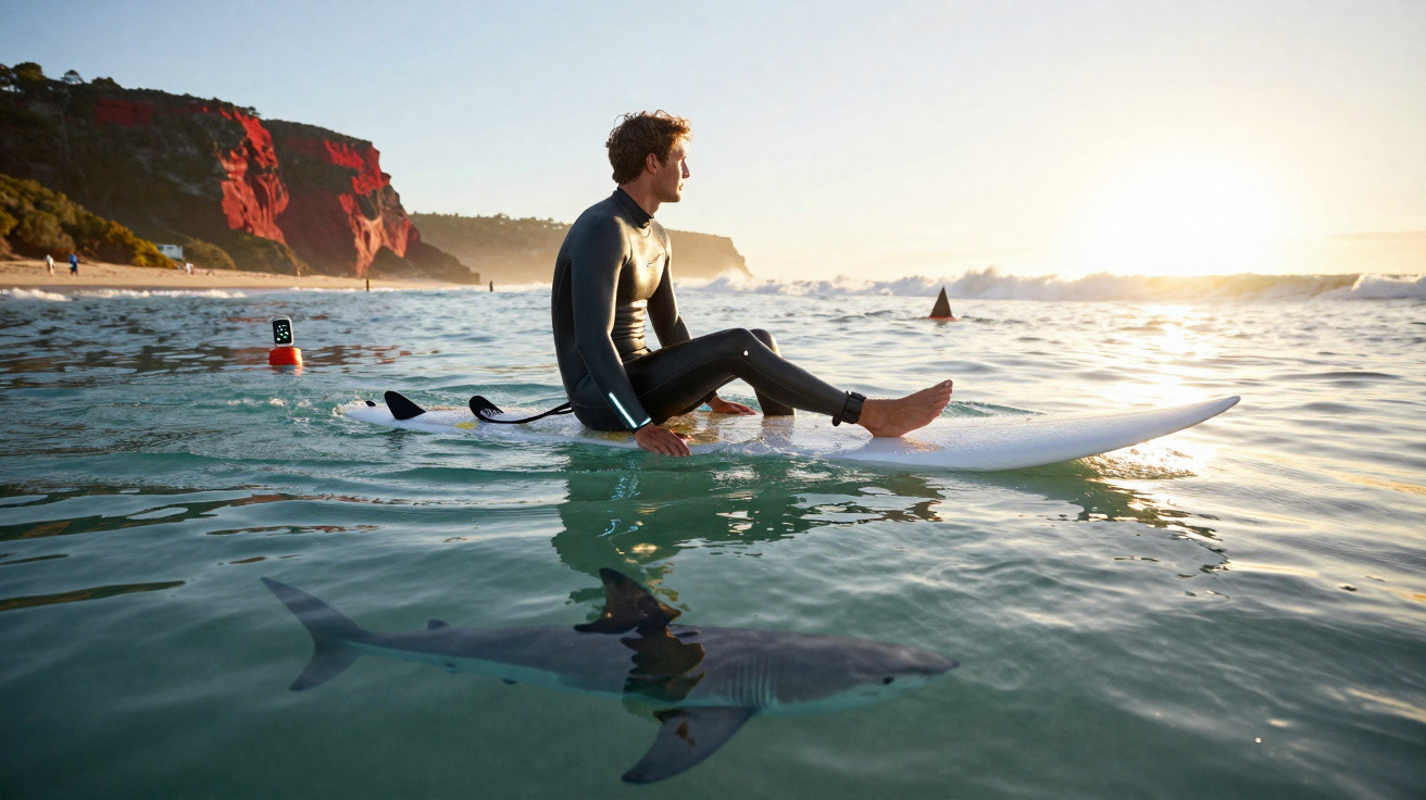 Surfista sentado na prancha com tubarão grande visível debaixo de si na água calma ao pôr do sol.